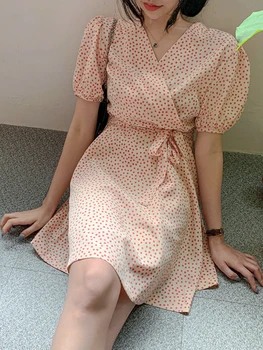 2022 Verão Bonito Mini Vestidos Japonês Coreano Estilo Preppy Data De Meninas Flhjlwoc Design Verde Cor-De-Rosa Laço De Pescoço De V Doce Vestido De 4309