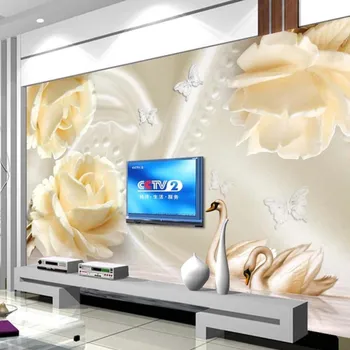 3D em Relevo Europeu Floral Swan Foto de papel de Parede Murais de Parede Papel de Parede Abstrato Flor Sofá PLANO de Fundo para Casa Wallcovering