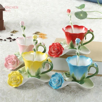 Criativo de Moda 3D Rose Forma de Flor de Esmalte Cerâmico Café, Xícara de Chá e Pires Colher Conjunto de Porcelana Copo de Água Presente do Dia dos Namorados