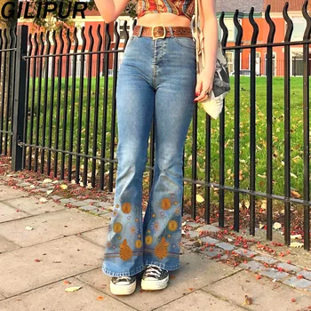GILIPUR Floral Vintage Jeans Mulheres Casual Cintura Alta Queimado Calças de Algodão coreano Calças Jeans Outono Bordado Wide Leg Jeans