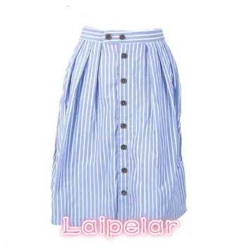 o coreano moda botão azul de listras brancas saias das mulheres de algodão solto saia midi Verão office casual cintura alta faldas mujer