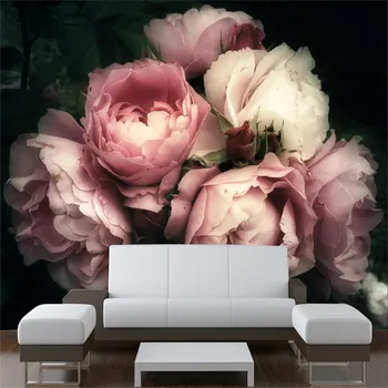 Romântico Vintage Floral papel de Parede 3D-de-Rosa Bonito Flores Rosa em Um plano de Fundo Escuro Mural, papel de Parede 3D Papéis de Parede Decoração da Casa