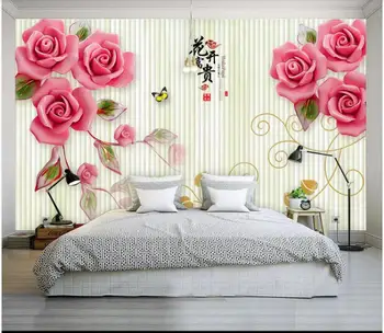 WDBH Personalizada foto mural 3d papel de parede Florescimento rica rosa borboleta decoração home 3d mural de papel de parede para sala de estar